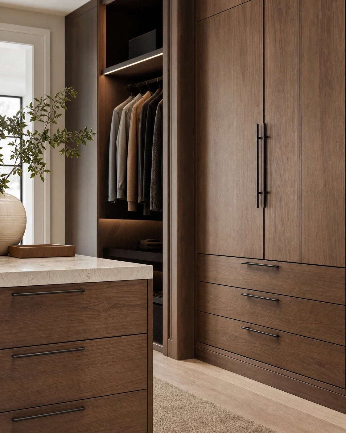 Custom walnut millwork with minimal furniture hardware